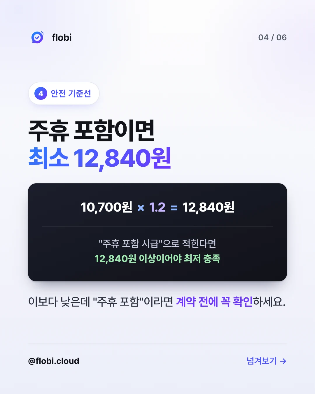 안전 기준선 — 주휴 포함이면 최소 12,840원