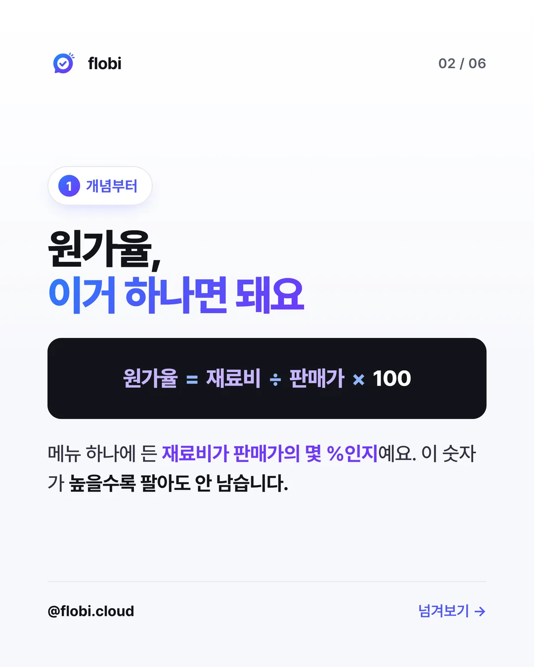 개념 — 원가율 = 재료비 ÷ 판매가 × 100