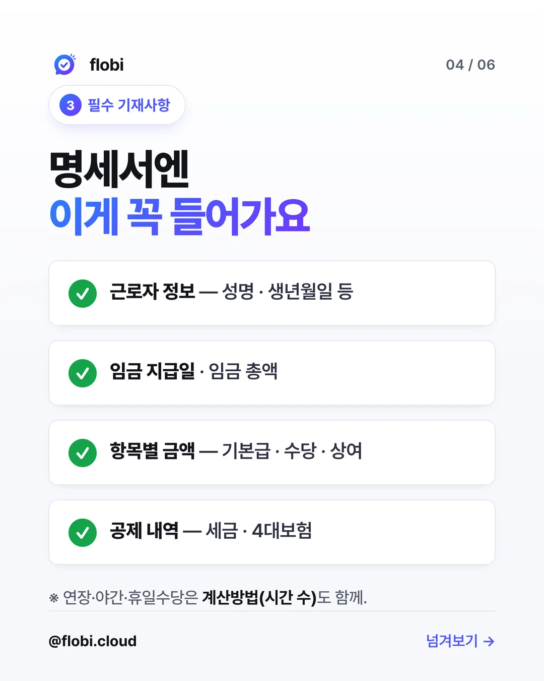 필수 기재사항 — 근로자 정보, 임금 지급일·총액, 항목별 금액, 공제 내역