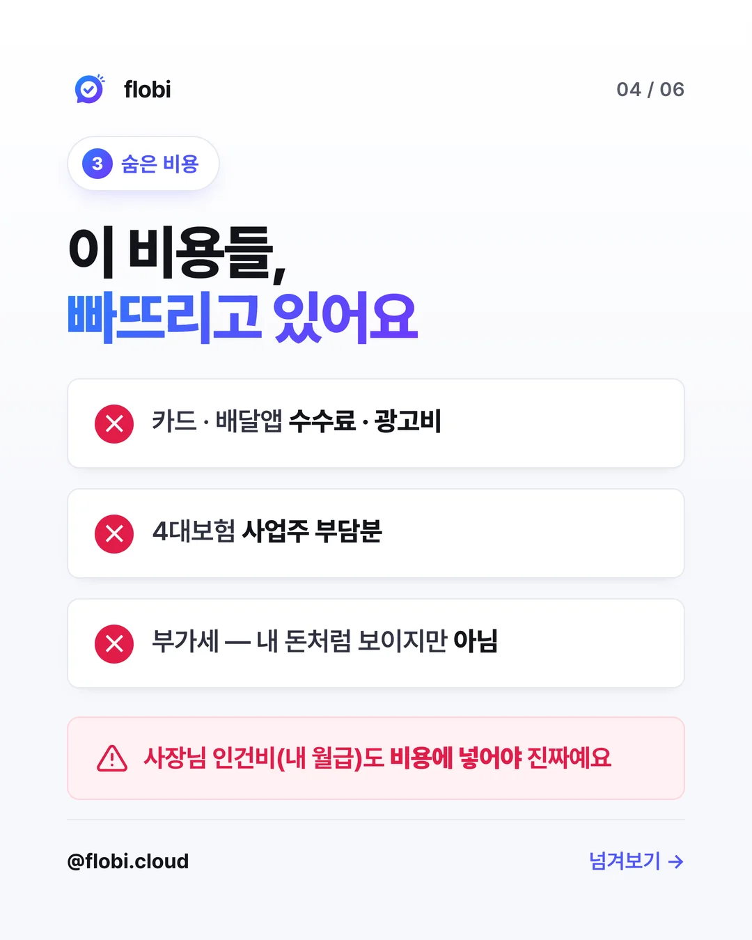 숨은 비용 — 카드·배달앱 수수료, 4대보험 사업주 부담분, 부가세, 사장님 인건비