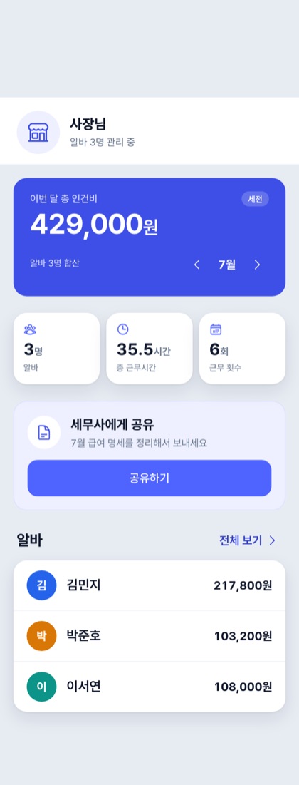 사장님 홈 — 총 인건비